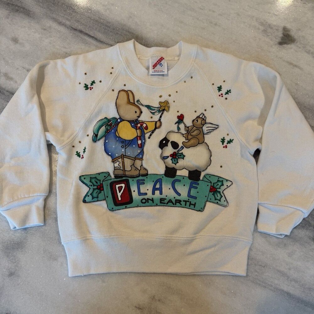 Vintage 90s Kid’s Peace On Earth Applique Christmas Sweatshirt White Sz 2-4